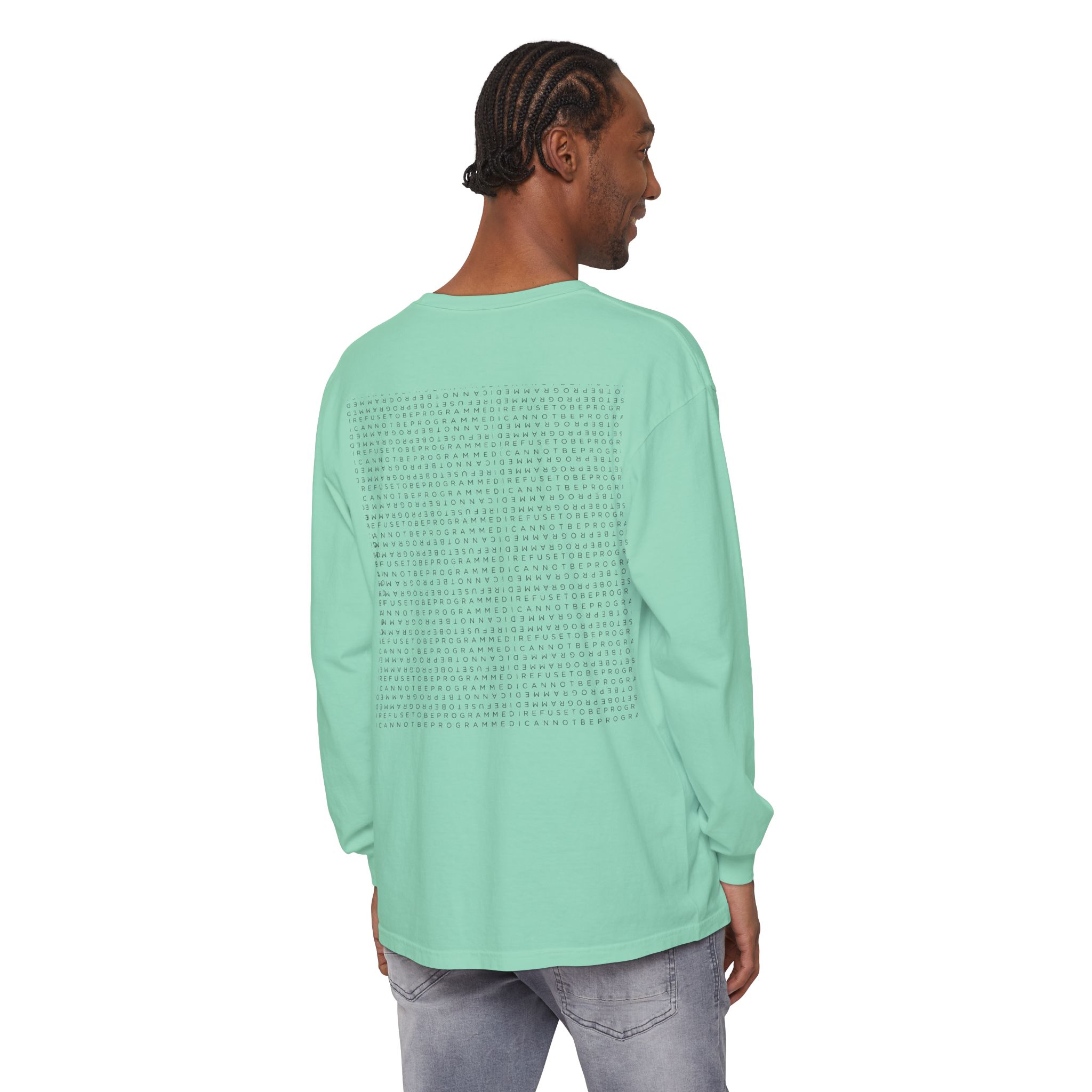 Save the Planet with I Refuse to be Programmed Monogram Long-Sleeve Cotton Shirt for Men - Image 24