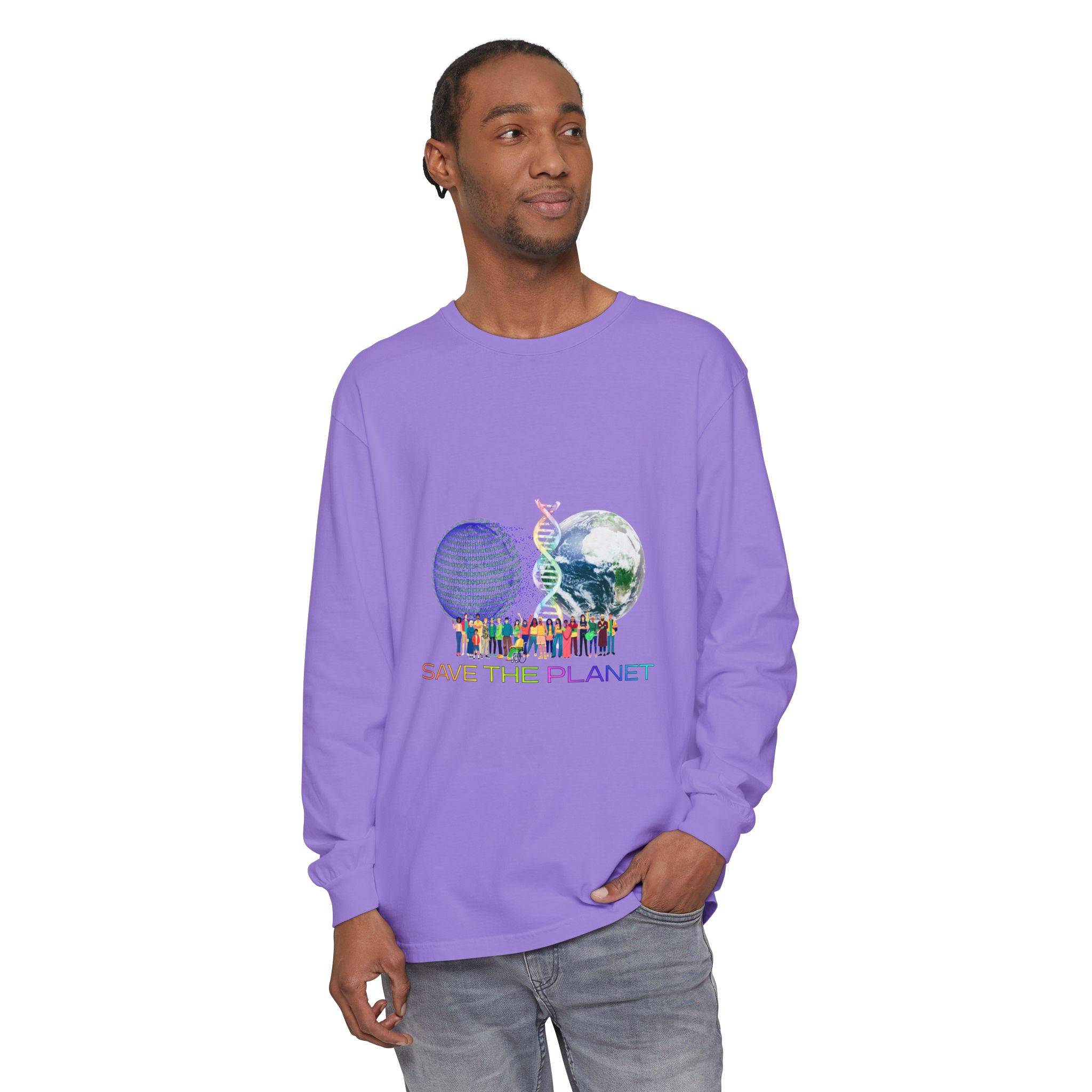Save the Planet with I Refuse to be Programmed Monogram Long-Sleeve Cotton Shirt for Men - Image 43