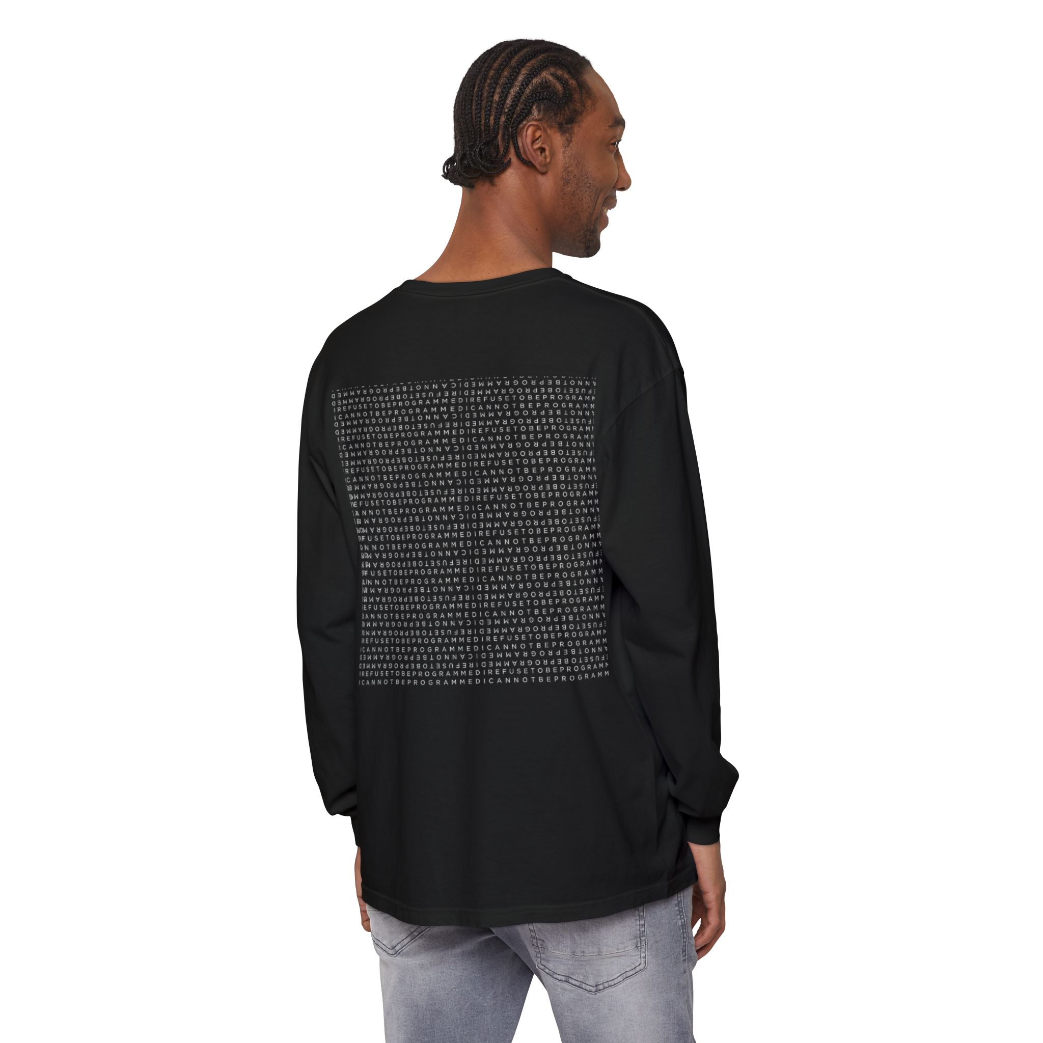 Save the Planet with I Refuse to be Programmed Monogram Long-Sleeve Cotton Shirt for Men - Image 40